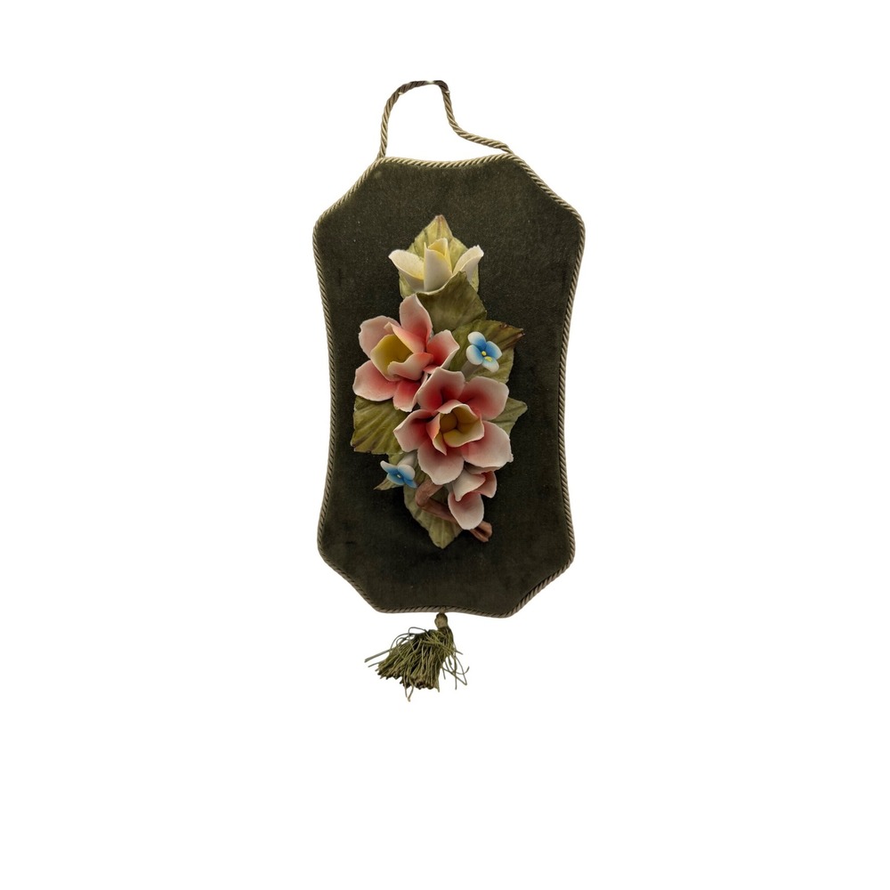 Vintage Capodimonte Italy‎ Porcelain Floral Wall Plaque Green Velvet Tassel 11in